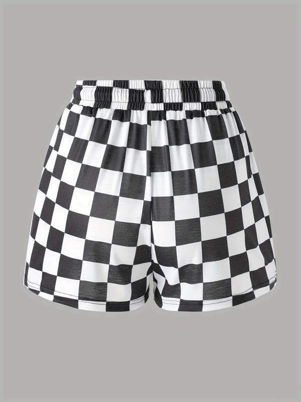 Women's Checkerboard Print Drawstring Waist Shorts, Lady Casual Comfort Pocket Shorts for Summer, Shorts for Women, Back To School Comfy Shorts, Women's Bottoms for Daily Wear, Womenswear
