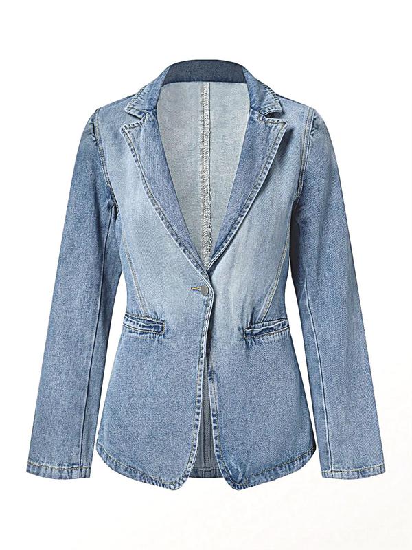 Women's Plain Pocket Button Denim Jacket, Casual Long Sleeve Lapel Neckline Outerwear for Spring & Fall, Ladies Clothes for Daily Wear Tops