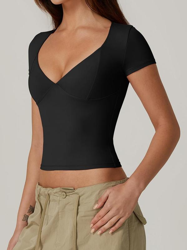 QINSEN Women's V Neck Short Sleeve T Shirts Double Lined Tee Seamed Cup Going Out Tops Comfort Fabric