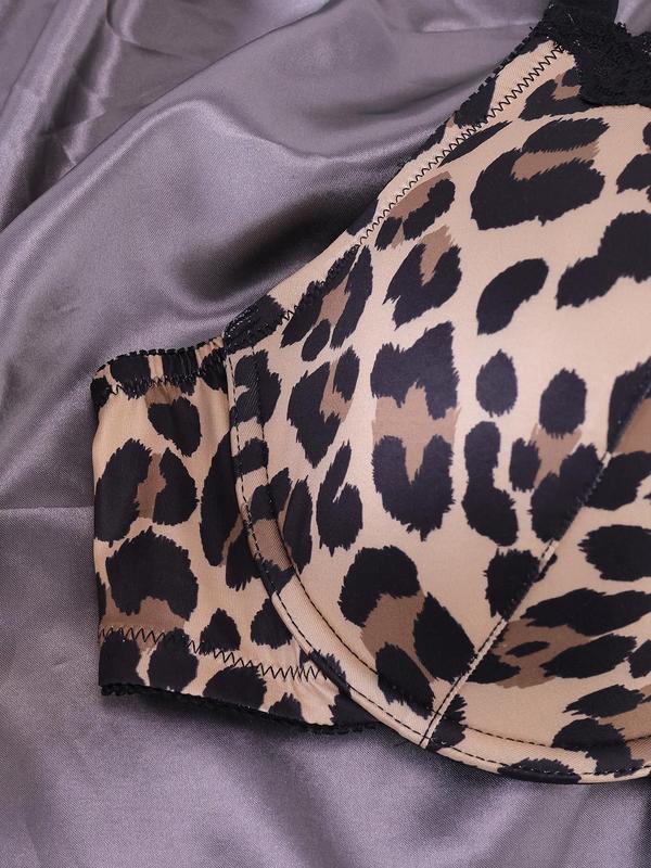  Leopard Print Contrast Lace Underwire Bra, Casual Comfy Breathable Adjustable Strap Push Up Bra, Women's Underwear for All Seasons