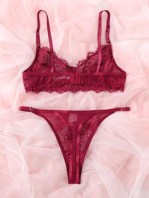 Women's 2pcs Contrast Lace Sheer Underwire Bra & Thong Set, Sexy Adjustable Strap Bra & High Waist Panty, Women's Lingerie & Underwear Set for All Seasons, Fashion & Creative Design Womenswear