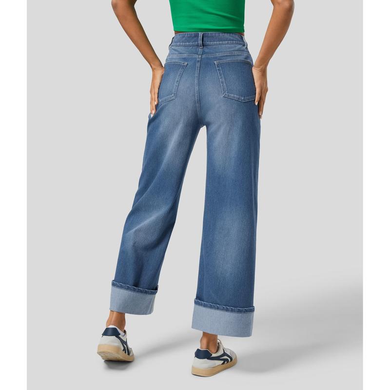Halara Halara Flex™ High Waisted Multiple Pockets Rolled Hem Wide Leg Washed Stretchy Knit Casual Jeans