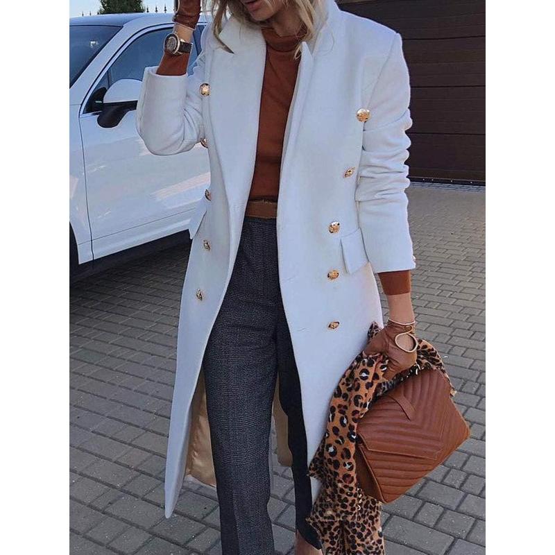 Fisoew Women's Elegant Notched Collar Double Button Slim Long Wool Blend Pea Coat Jacket