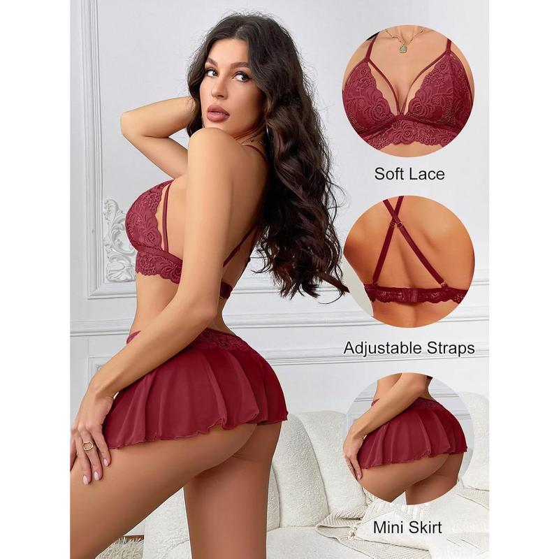 Women's sexy lingerie 3 piece set lace bra, mini skirt, thong open crotch underwear set