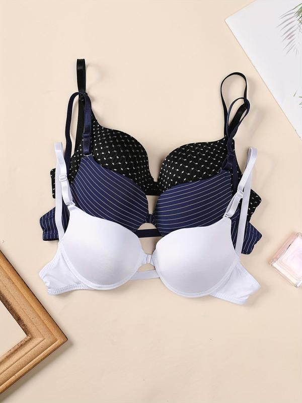 Women's Plain & Striped & All Over  Print Push Up Bra, Casual Comfortable Breathable Adjustable Strap Bra, Lingerie for All Seasons
