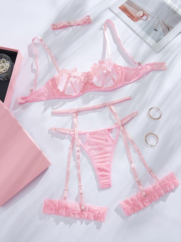 Women's Lace Appliques Cut Out Bra & Thong & Garter Belt & Thigh Ring & Choker Set, Sexy Comfy Breathable Lingerie Set for Daily Wear, Women's Underwear for All Seasons