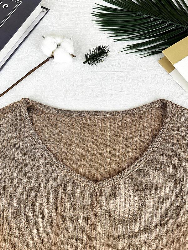 Women's Plain Lettuce Trim Drop Shoulder T-Shirt, Casual Long Sleeve V Neck Top for Spring & Fall, Fashion Women's Knitwear for Daily Wear