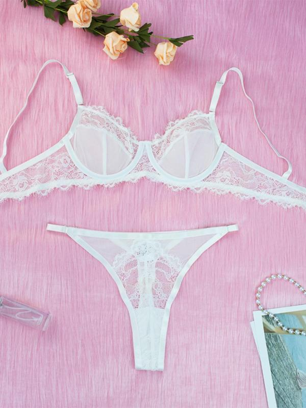 Women's 2pcs Contrast Lace Sheer Underwire Bra & Thong Set, Sexy Adjustable Strap Bra & High Waist Panty, Women's Lingerie & Underwear Set for All Seasons, Fashion & Creative Design Womenswear