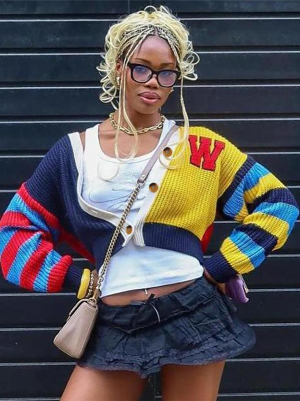 Women's Patchwork Striped Print Button Front Crop Cardigan, Casual Drop Shoulder Long Sleeve V Neck Knitwear for Fall & Winter,  Cardigan for Women, Fashion Women's Knit Clothing for Daily Wear