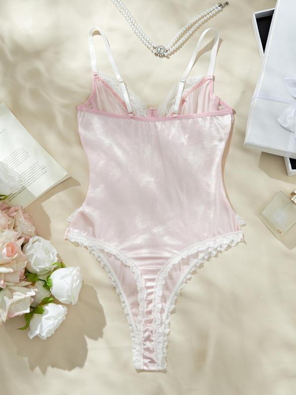Women's Contrast Lace Cami Teddy Bodysuit, Sexy Comfy Breathable Satin Lingerie for Daily Wear, Women's Lingerie for All Seasons