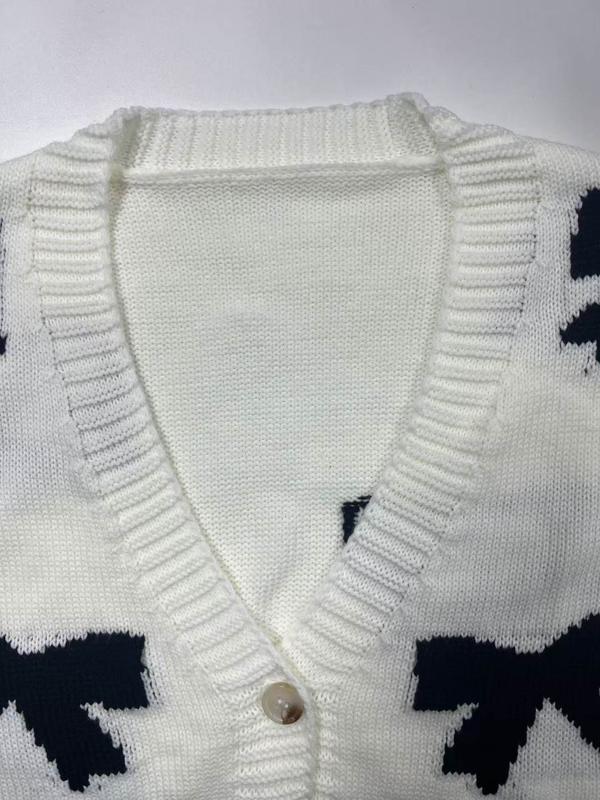 Women's Bow Print Button Front V Neck Cable Knit Sweater, Casual Long Sleeve Jumper for Fall & Winter, Fashion Ladies' Knitwear for Daily Wear