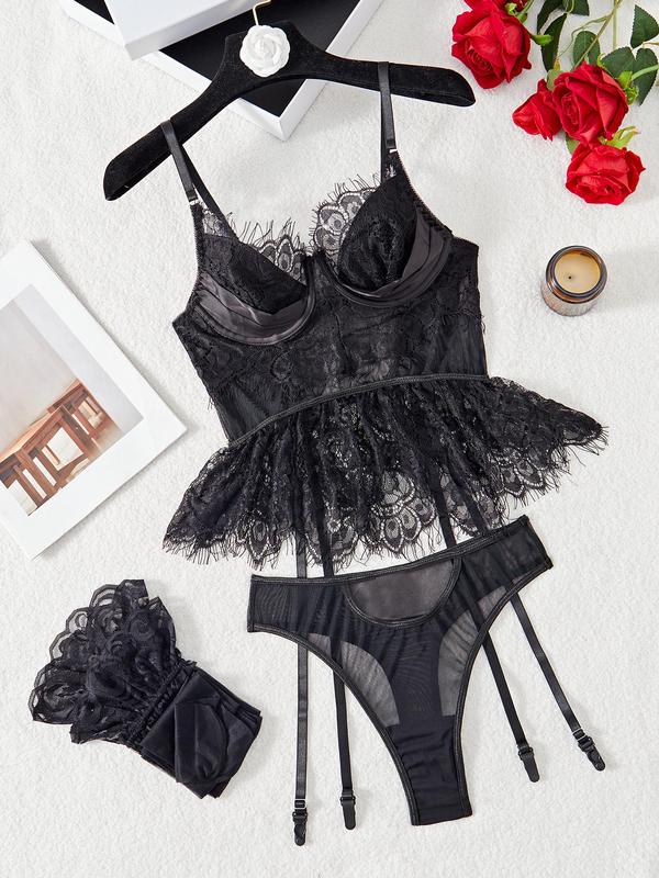 Women's Contrast Lace Sheer Lingerie Set, Sexy Comfy Breathable Bra & Thong & Stocking Set for Daily Wear, Lingerie Set for Women