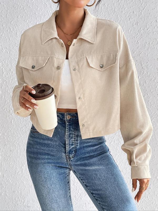 Women's Plain Button Front Drop Shoulder Crop Jacket, Casual Pocket Long Sleeve Corduroy Jacket for Fall & Winter, Comfy Fall Outfits for Women, Womenswear, Jackets for Women, Fall Clothes, 2024 Black Friday Haul, Fall Clothing Women, Vintage Clothing
