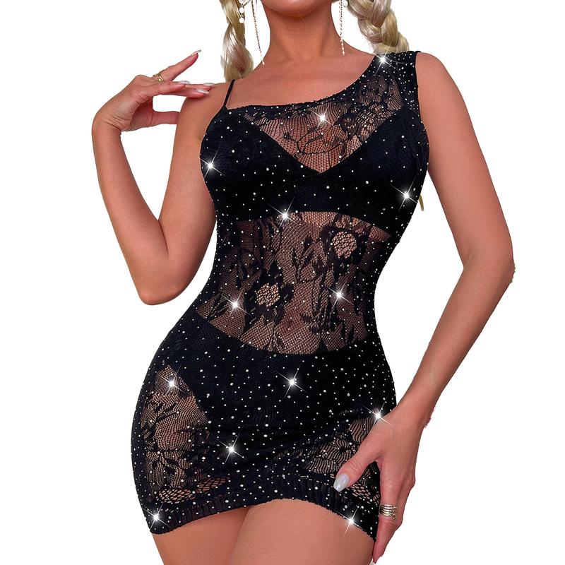 Lingerie for Women Lace Babydoll Chemise Sparkle Rhinestone Fishnet Teddy Dress