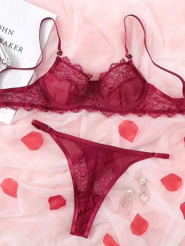 Women's 2pcs Contrast Lace Sheer Underwire Bra & Thong Set, Sexy Adjustable Strap Bra & High Waist Panty, Women's Lingerie & Underwear Set for All Seasons, Fashion & Creative Design Womenswear