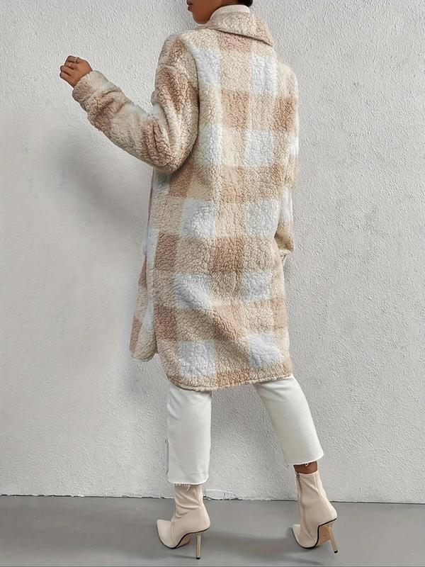 Women's Plaid Print Button Front Drop Shoulder Plush Coat, Casual Long Sleeve Collared Outerwear for Fall & Winter, Ladies Clothes for Daily Wear