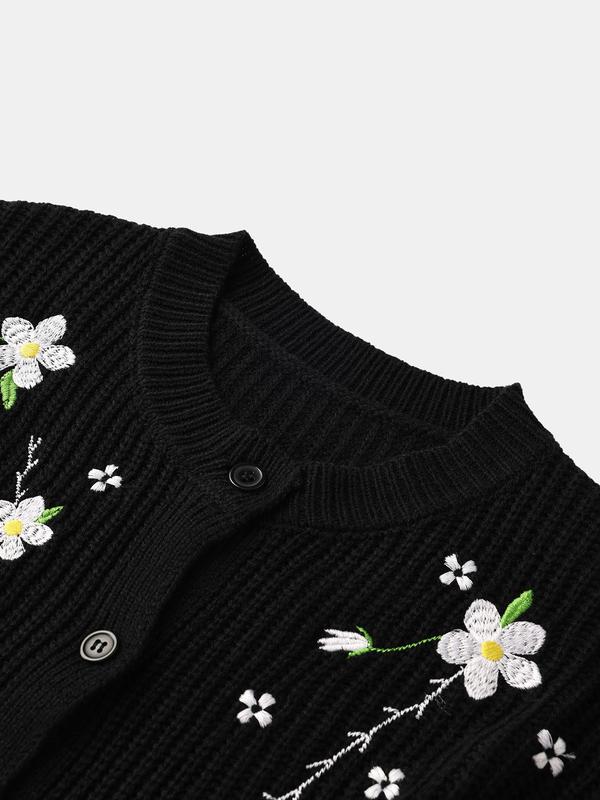 YOZY Women's Floral Embroidery Button Front Crop Sweater Cardigan, Casual Long Sleeve Round Neck Knitwear for Fall & Winter, Fashion Women's Knit Clothing for Daily Wear