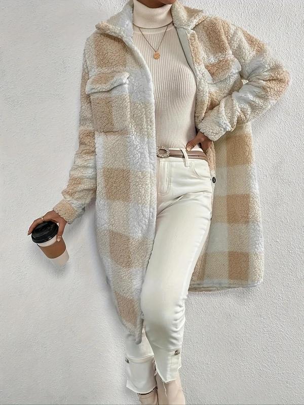 Women's Plaid Print Button Front Drop Shoulder Plush Coat, Casual Long Sleeve Collared Outerwear for Fall & Winter, Ladies Clothes for Daily Wear