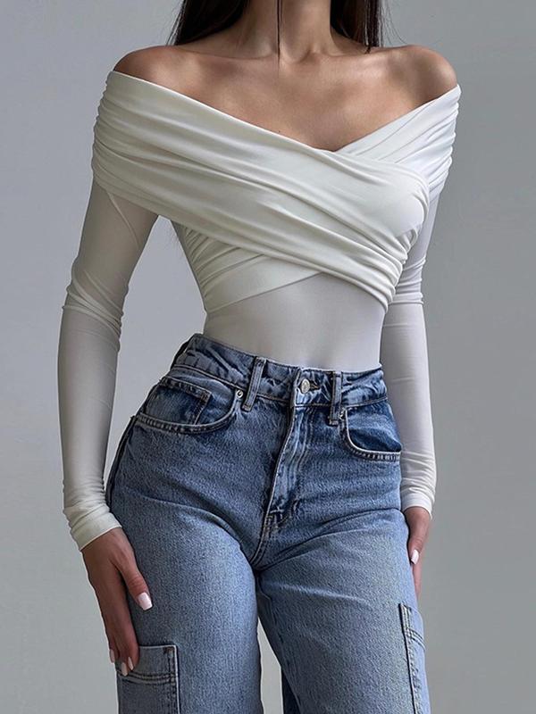 Women's Solid Off Shoulder Cross Wrap Bodysuit, Fashion Casual Long Sleeve Skinny Bodysuit for Daily Outdoor Wear, Women's Clothing for Fall