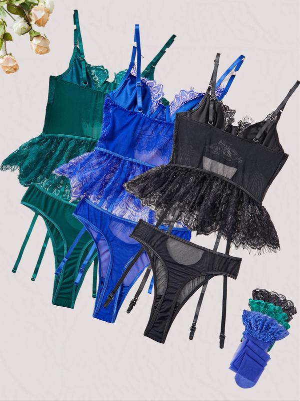 Women's Contrast Lace Sheer Lingerie Set, Sexy Comfy Breathable Bra & Thong & Stocking Set for Daily Wear, Lingerie Set for Women