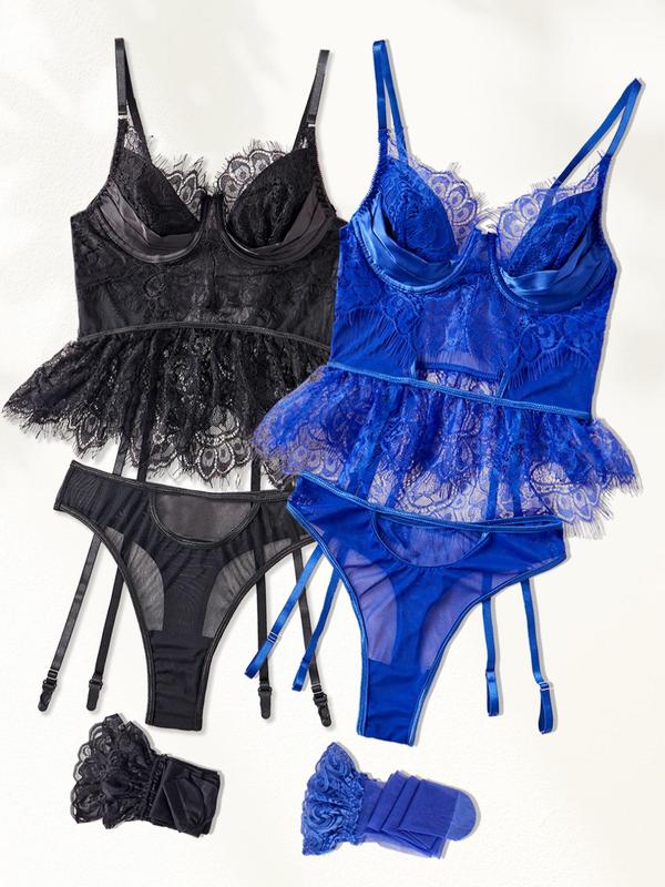 Women's Contrast Lace Sheer Lingerie Set, Sexy Comfy Breathable Bra & Thong & Stocking Set for Daily Wear, Lingerie Set for Women