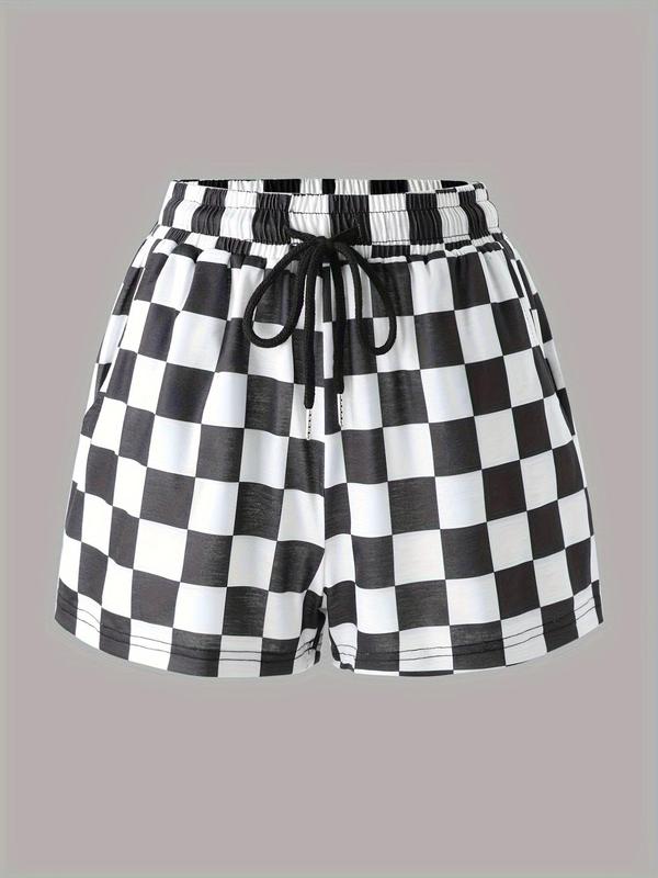 Women's Checkerboard Print Drawstring Waist Shorts, Lady Casual Comfort Pocket Shorts for Summer, Shorts for Women, Back To School Comfy Shorts, Women's Bottoms for Daily Wear, Womenswear