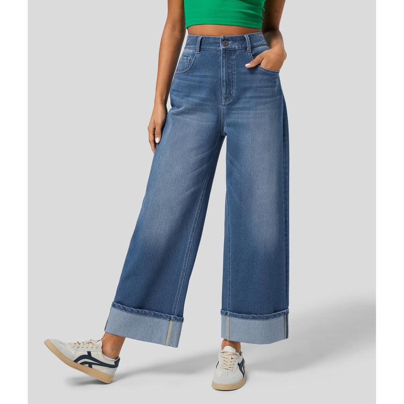 Halara Halara Flex™ High Waisted Multiple Pockets Rolled Hem Wide Leg Washed Stretchy Knit Casual Jeans