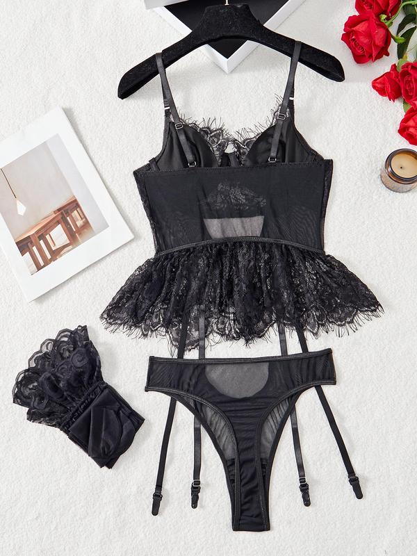 Women's Contrast Lace Sheer Lingerie Set, Sexy Comfy Breathable Bra & Thong & Stocking Set for Daily Wear, Lingerie Set for Women