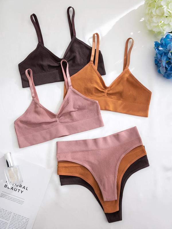 Two-Piece Set Women's Solid Wireless Bra & Thong Set, Adjustable Strap Ruched Lingerie Top & Panty Set, Soft Comfy Breathable Underwear Set for Daily Wear