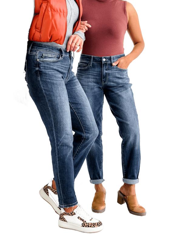 Judy Blue My Favorite Boyfriend Mid Rise Dark Wash Non Distressed Cuffed Boyfriend Jeans
