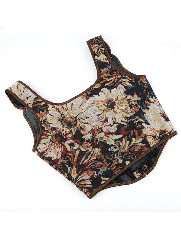 Women's Floral Print Lace Up Corset Structure Shapewear Top, Elegant Contrast Binding Asymmetrical Hem Grommet Eyelet Shapewear Top, Fashionable Shapewear for Women