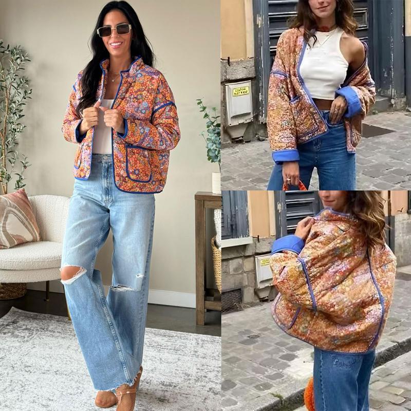 UANEO Women's Cropped Floral Quilted Jacket Cardigan Printed Lightweight Open Front Padded Puffer Coat-New Products