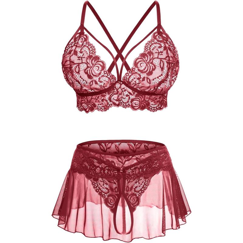 Women's sexy lingerie 3 piece set lace bra, mini skirt, thong open crotch underwear set