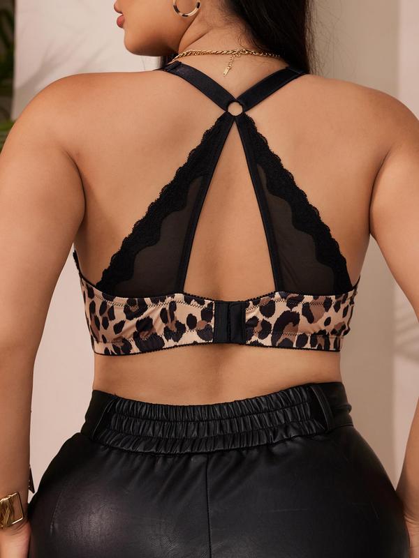  Leopard Print Contrast Lace Underwire Bra, Casual Comfy Breathable Adjustable Strap Push Up Bra, Women's Underwear for All Seasons