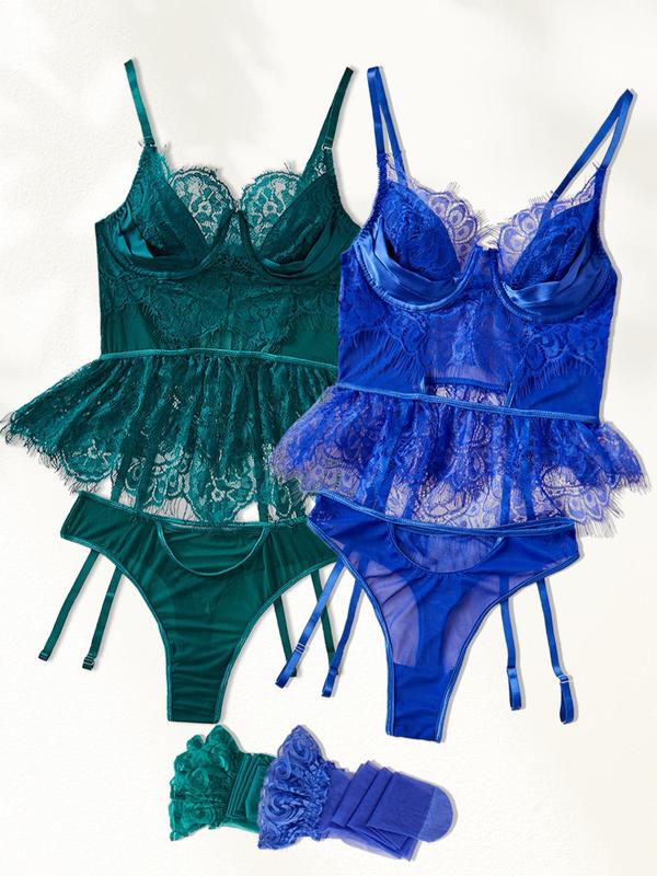 Women's Contrast Lace Sheer Lingerie Set, Sexy Comfy Breathable Bra & Thong & Stocking Set for Daily Wear, Lingerie Set for Women