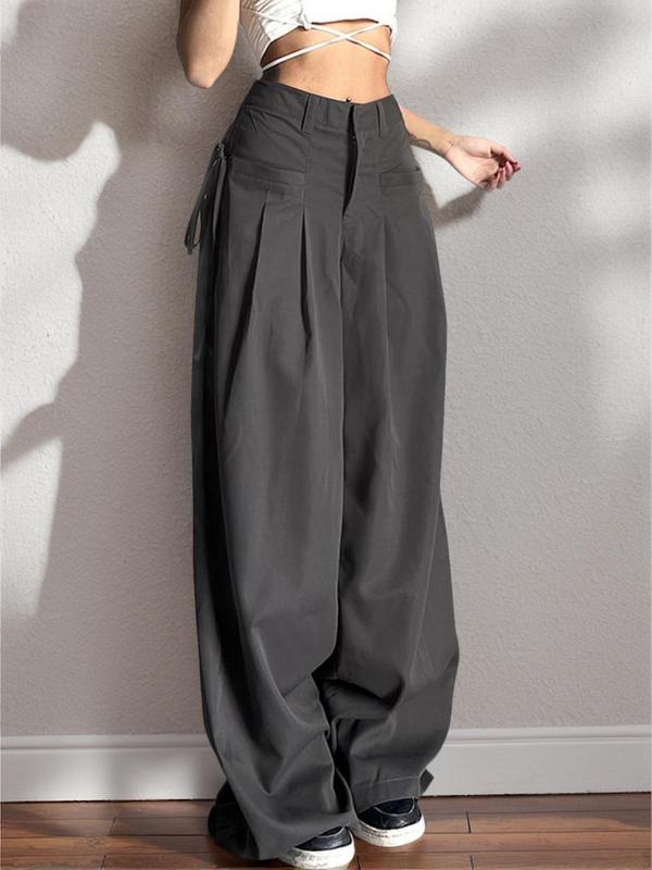 Women's Plain Plicated Drawstring Wide Leg Pants, Casual Pocket High Waist Trousers, Clothes Women, Summer Pants, Ladies Streetwear Bottoms