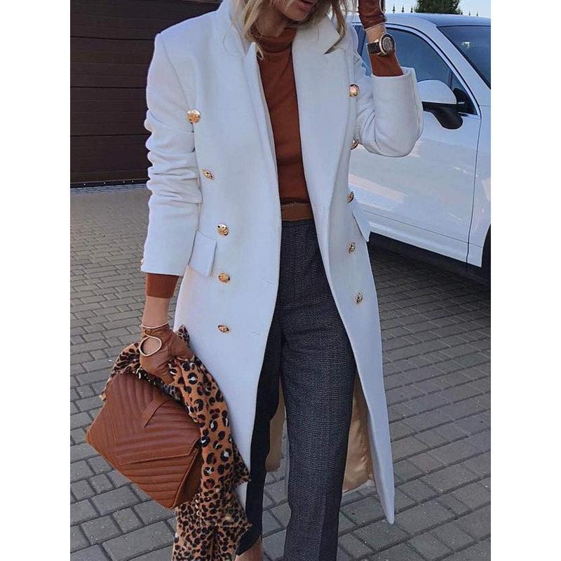 Fisoew Women's Elegant Notched Collar Double Button Slim Long Wool Blend Pea Coat Jacket