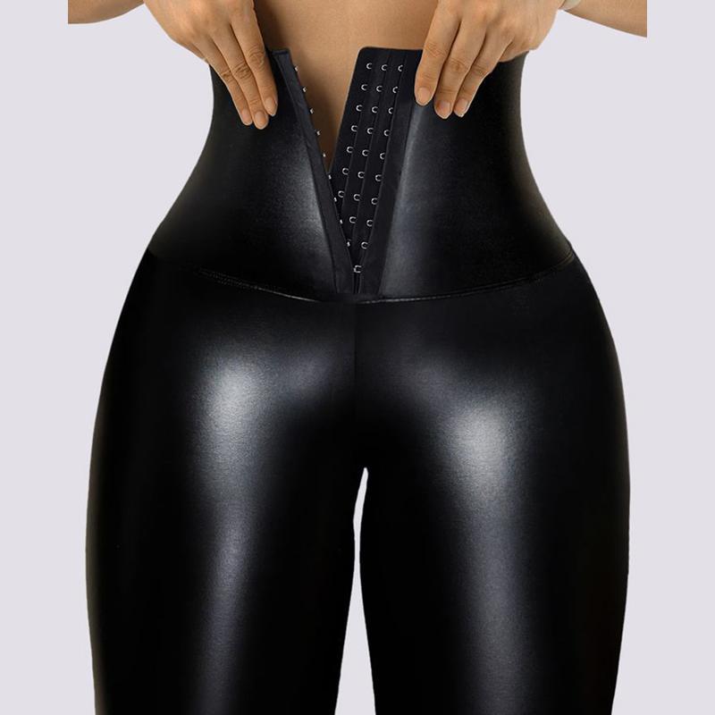 Chicme Hook Front Liquid Gloss Sauna Sweat PU Leather Leggings Comfort Womenswear Bottom Casual