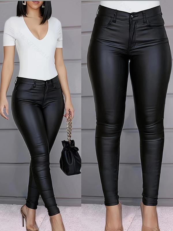 Women's Solid High Waist Pocket Leggings, Fashion Casual Comfy Button Fly Skinny Trousers for Daily Outdoor Wear, Ladies Bottoms for All Seasons