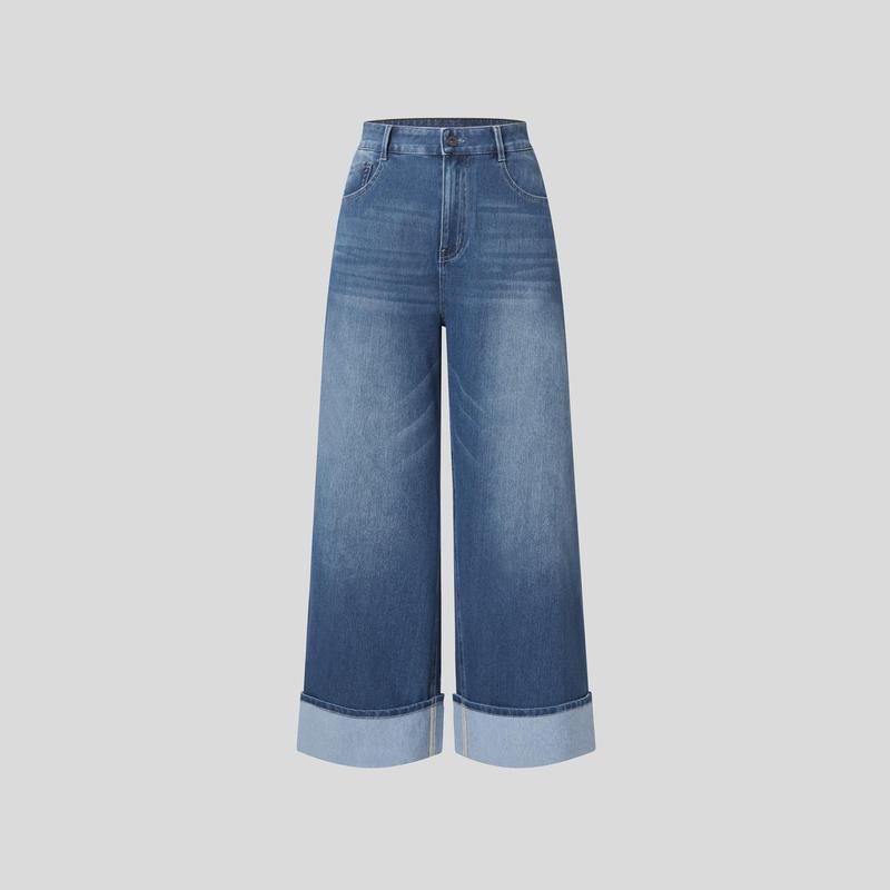 Halara Halara Flex™ High Waisted Multiple Pockets Rolled Hem Wide Leg Washed Stretchy Knit Casual Jeans