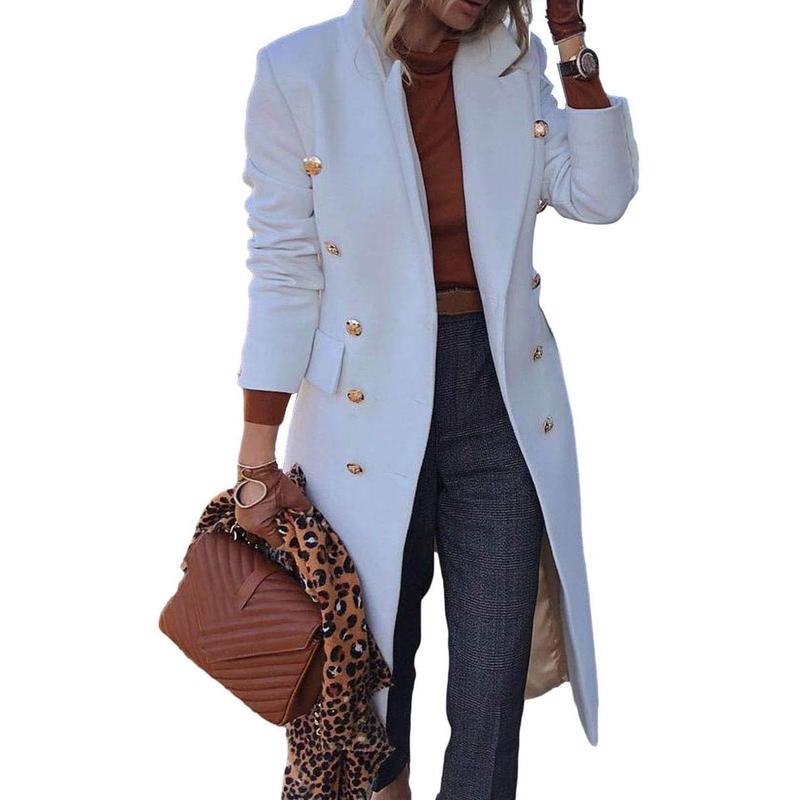 Fisoew Women's Elegant Notched Collar Double Button Slim Long Wool Blend Pea Coat Jacket