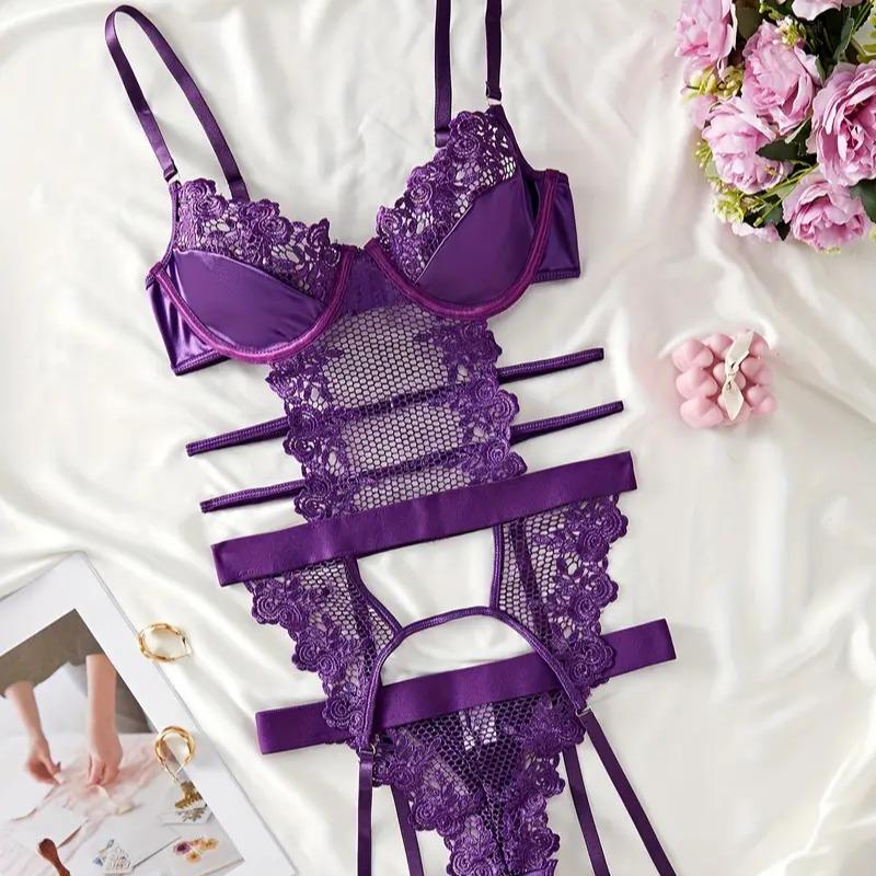 Women's Sexy  Purple Lace Lingerie Set underwear set sexy costume Womenswear Lady Comfort Basic Minimalist Spaghetti Strap lingerie set sexy comfy lingerie