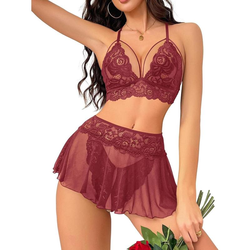 Women's sexy lingerie 3 piece set lace bra, mini skirt, thong open crotch underwear set