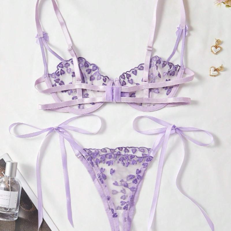 Sexy Lingerie Women Heart Embroidery 2pcs Set Bra + Triangle Panties