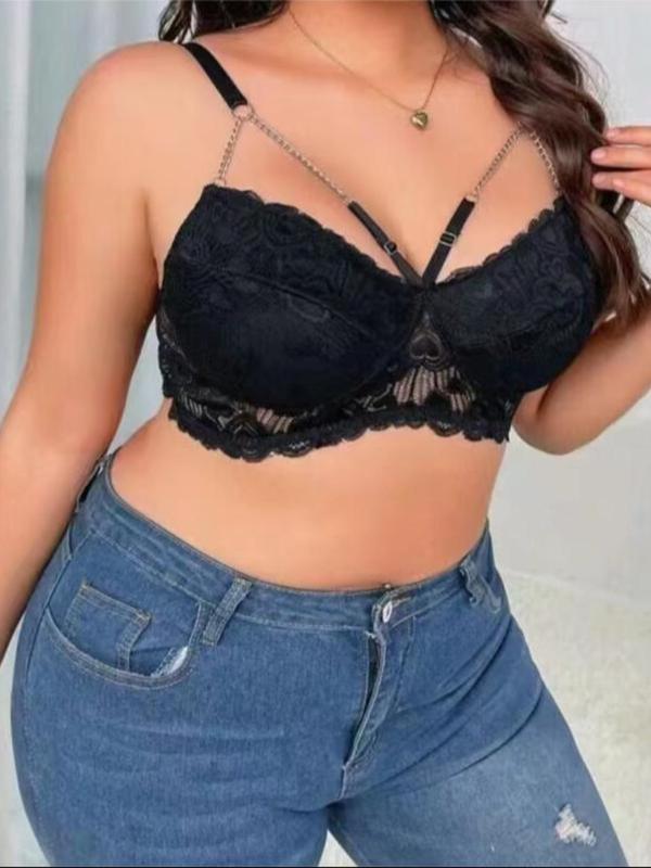 Women's Chain Linked Floral Lace Sexy Costume, Soft Comfortable Plus Size Adjustable Spaghetti Strap Bra , Fashion Underwear for All Seasons