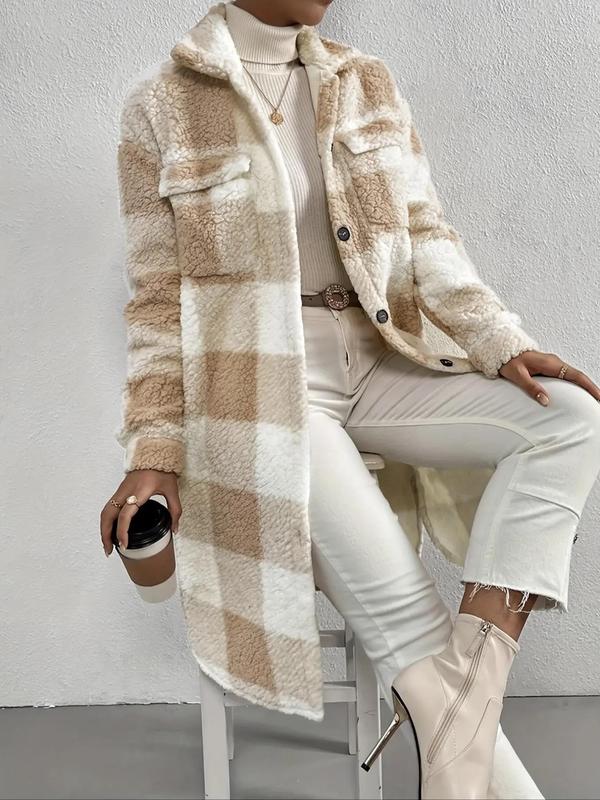 Women's Plaid Print Button Front Drop Shoulder Plush Coat, Casual Long Sleeve Collared Outerwear for Fall & Winter, Ladies Clothes for Daily Wear