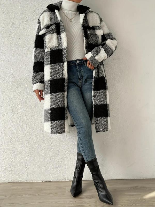 Women's Plaid Print Button Front Drop Shoulder Plush Coat, Casual Long Sleeve Collared Outerwear for Fall & Winter, Ladies Clothes for Daily Wear