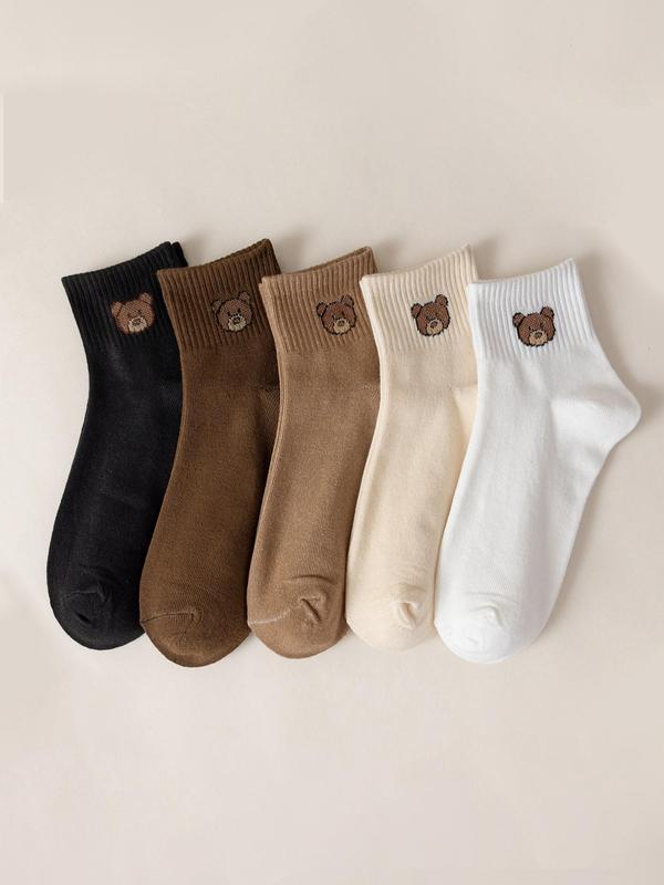 Women's 5 Pairs Basic Cute Cartoon Bear Print Crew Socks, Casual Comfortable Breathable Socks For Daily Wear, Minimalist Women's Socks For All Seasons, Simple Womenswear