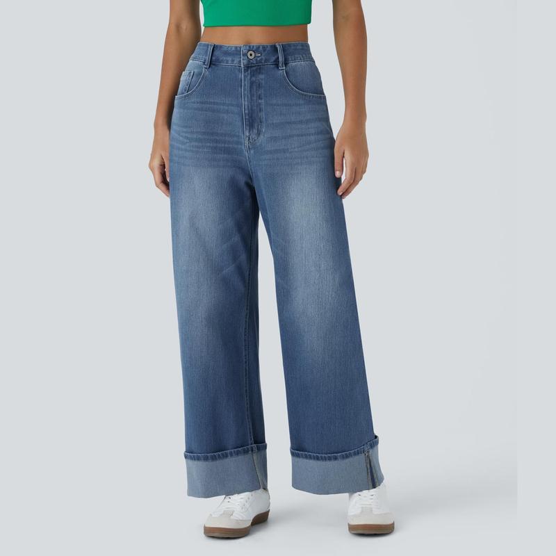 Halara Halara Flex™ High Waisted Multiple Pockets Rolled Hem Wide Leg Washed Stretchy Knit Casual Jeans