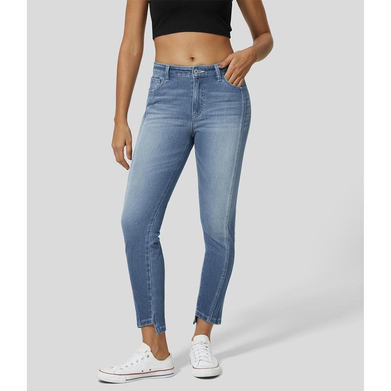 HalaraMagic Mid Rise Button Zipper Multiple Pockets Stretchy Knit Casual Skinny Jeans